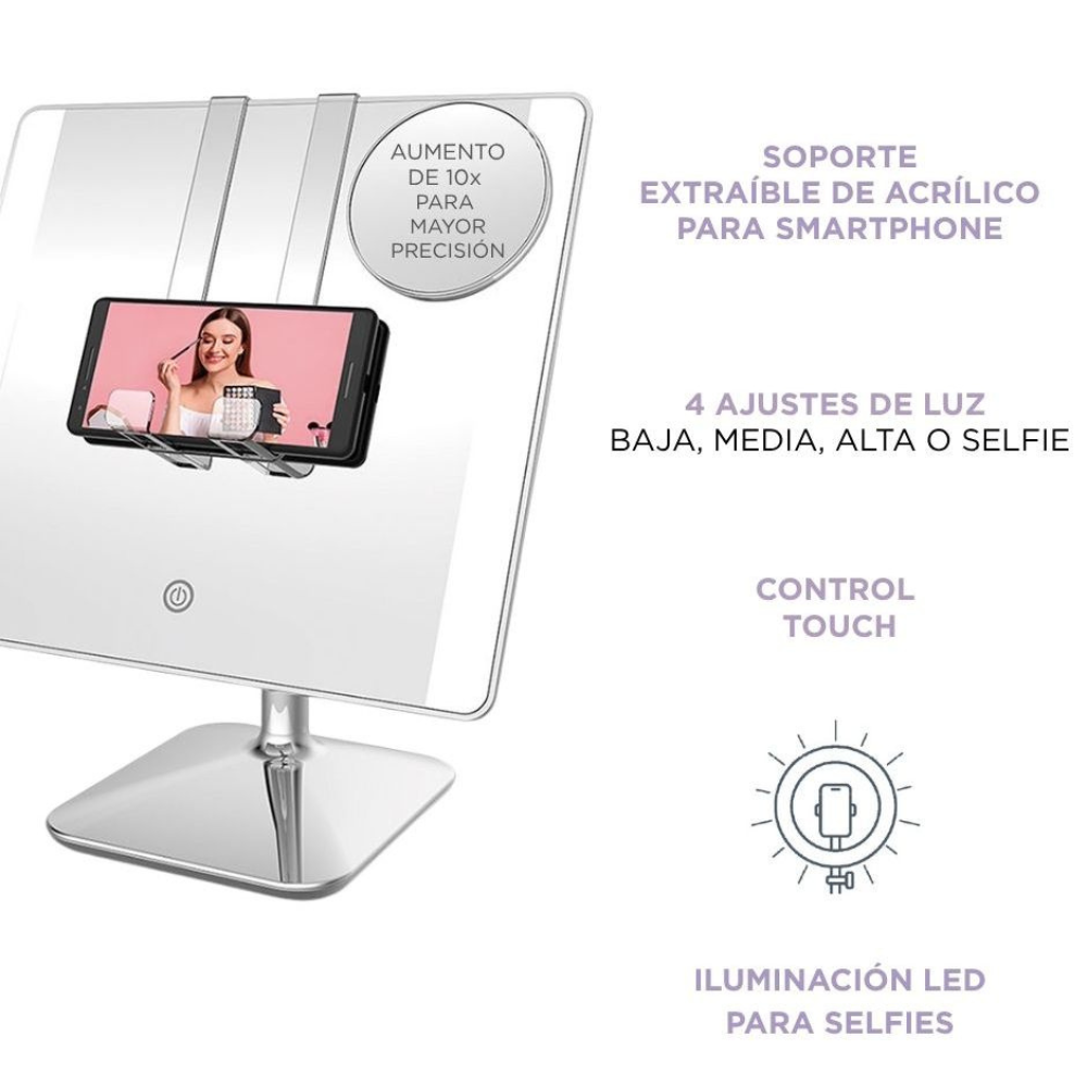 Conair Espejo de Halo Cuadrado 1x-10x con Luz LED para Maquillaje y Contenido