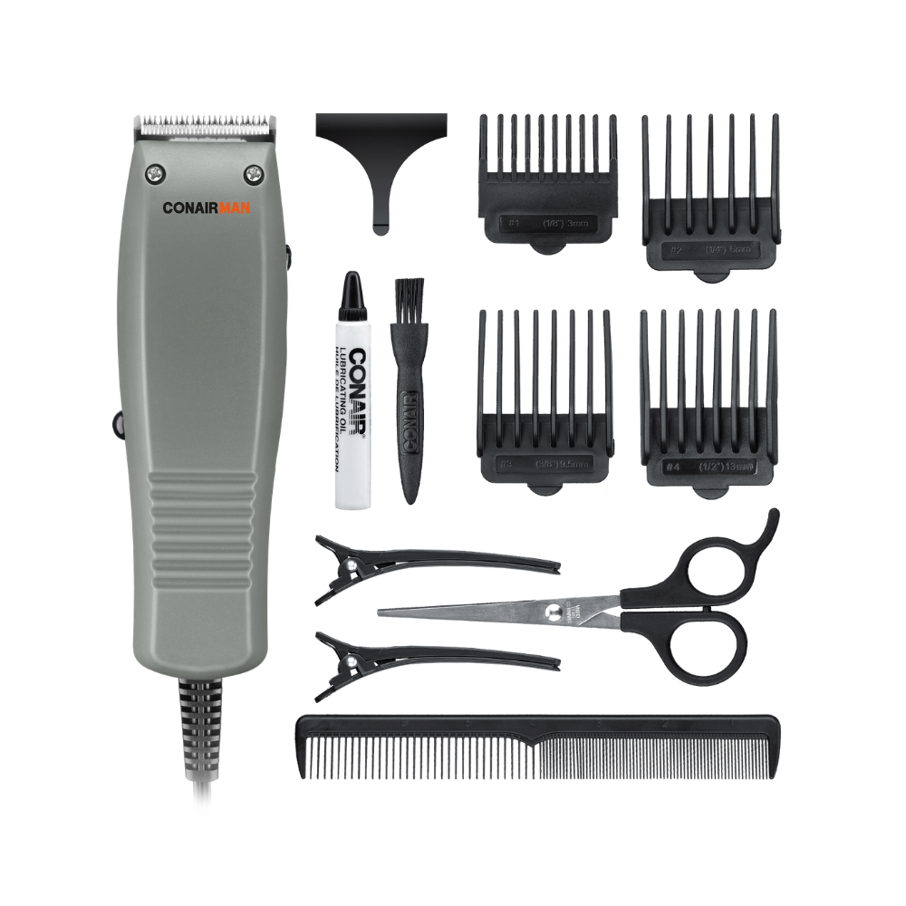 Conair Man Juego de Peluquería de 12 Piezas con Agarre Ergonómico - Color Gris