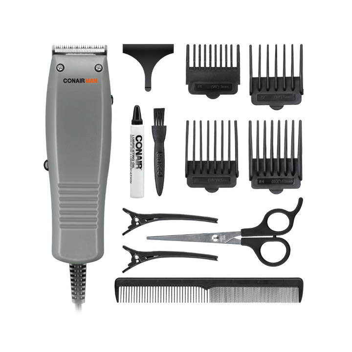 Conair Man Juego de Peluquería de 12 Piezas con Agarre Ergonómico - Color Gris