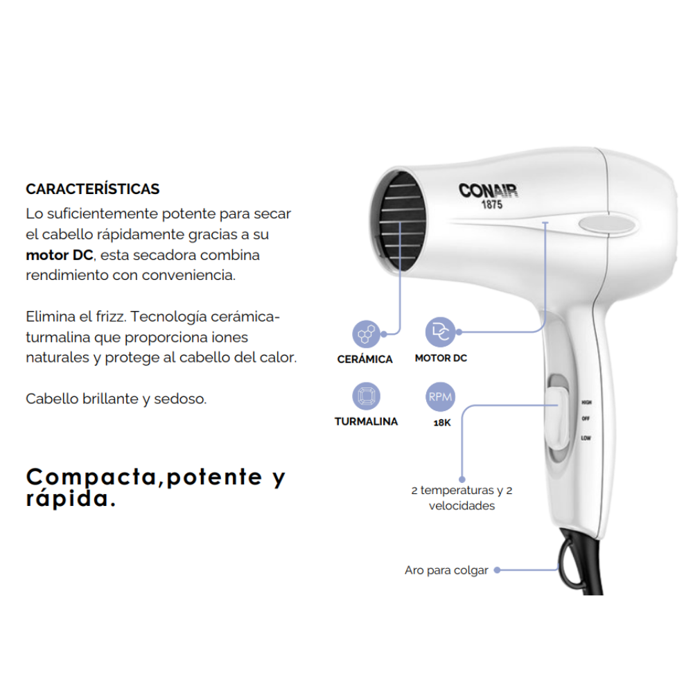 Conair Secadora Compacta con Turmalina y Cerámica 1875W - Color Blanca