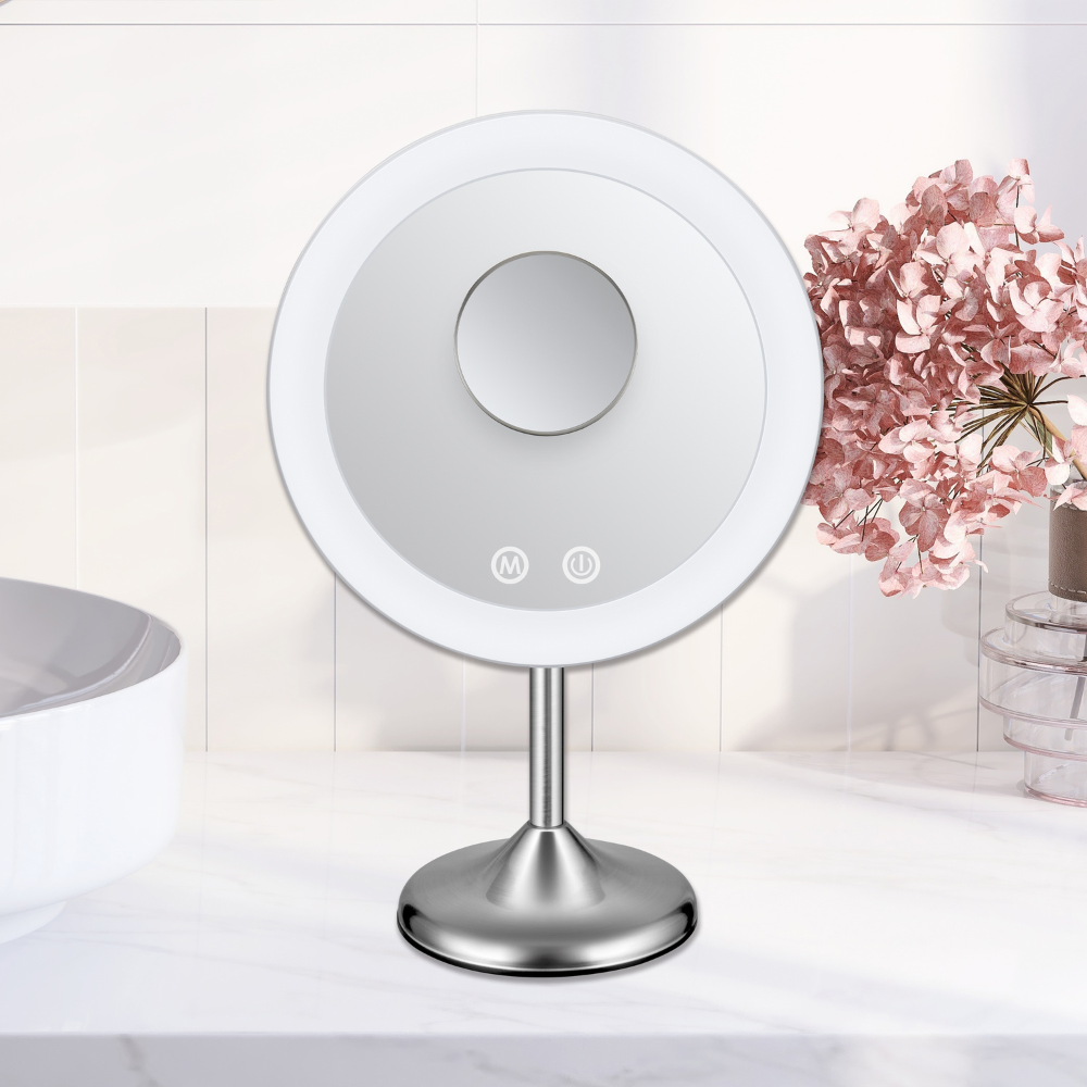 Conair Espejo Redondo LED Inalámbrico – 3 Modos de Luz, Aumento 10x, Touch Control